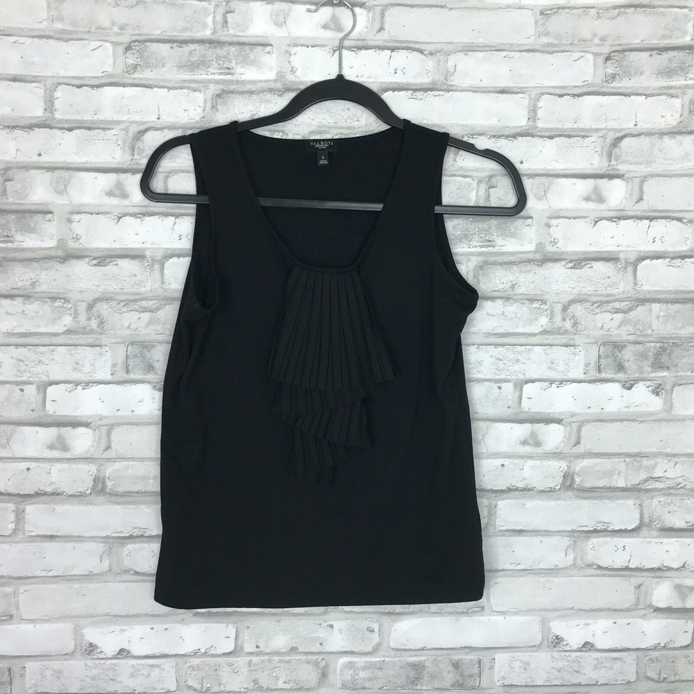 Talbots Top‎ Womens PS Scoop Neck Tank Ruffle Sleeveless Black Solid Petite Knit